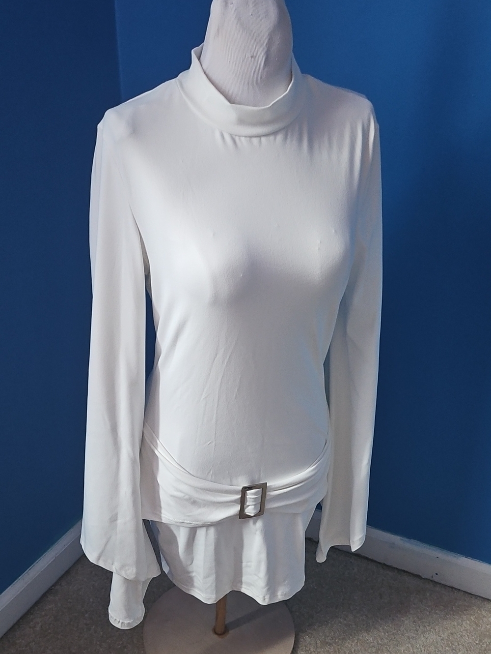 Long-Sleeve White Mock Neck Dress with Belt Detail